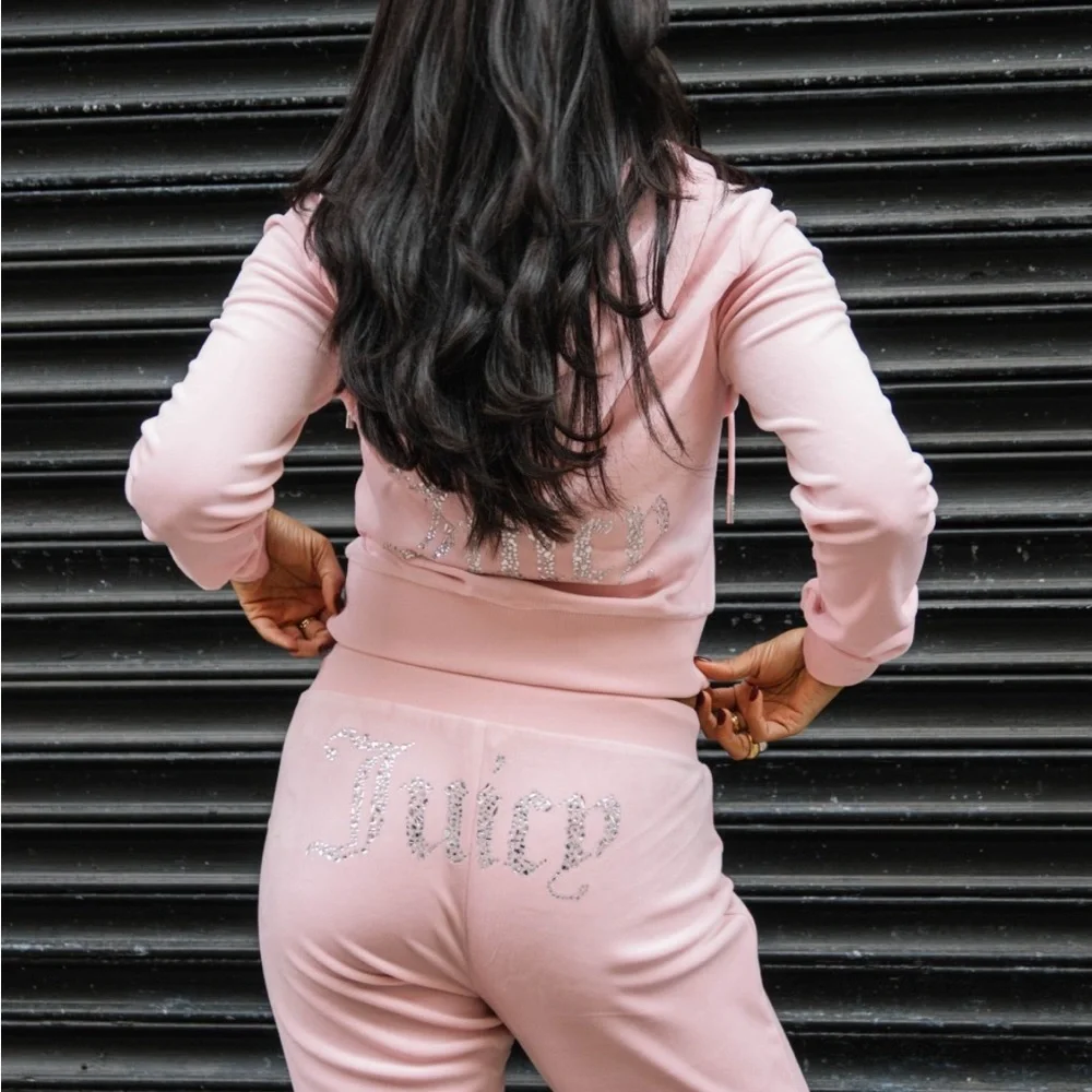 NEW! JUICY COUTURE Velour OG small Bling Tracksuit Set in pink